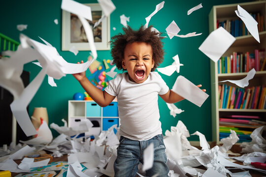 A playful hyperactive cute toddler misbehaving and making a mess in a kids room, throwing around things. Generative AI