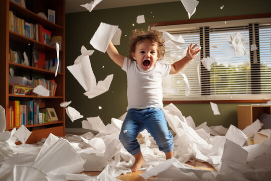 A playful hyperactive cute toddler misbehaving and making a mess in a kids room, throwing around things. Generative AI