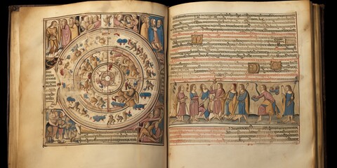Detailed image of a rare manuscript, showcasing intricate illustrations and ancient text , concept of Ancient artifacts