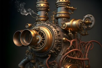 a steampunk clockwork1 fantasy machine with many steaming1 pipes1 the pipes are bronze and full of rusted holes that vent smoke and steam 