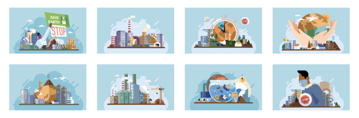 Industrial pollution. Dirty waste. Environmental pollution. Vector illustration. Factory emitting smoke represents unchecked growth industry Toxic waste chemicals are affecting groundwater quality