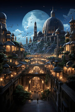 The Moonlit City: A Fantasy Digital Artwork,city at night,night view country