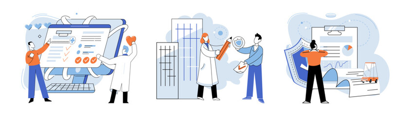 Insurance for car, property, travel, accident, life, medical. Assurance protection covers everything from health personal belongings Insurance concept now includes options for freelancers