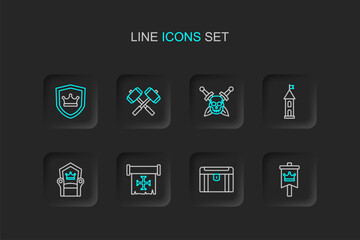 Set line Medieval flag, Antique treasure chest, Crusade, throne, Castle tower, Skull with sword, Crossed battle hammers and Shield crown icon. Vector