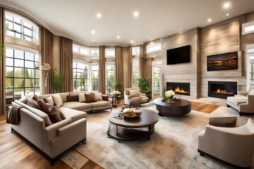 Panoramic view of luxurious living room with fireplace, tv and two couches