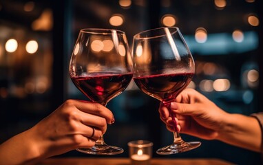 In a cozy bistro, the two friends are relishing the moment as they clink their glasses of wine together in a toast to their friendship