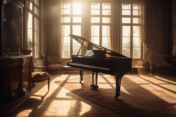 Experience the elegance as sunlight graces a spacious room, illuminating a beautiful classical grand piano by large windows. Ai generated