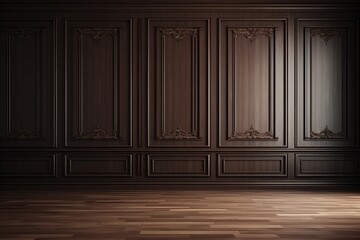Dark brown classic wooden wall background with copy space, mock up room, parquet floor