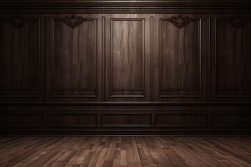 Dark brown classic wooden wall background with copy space, mock up room, parquet floor