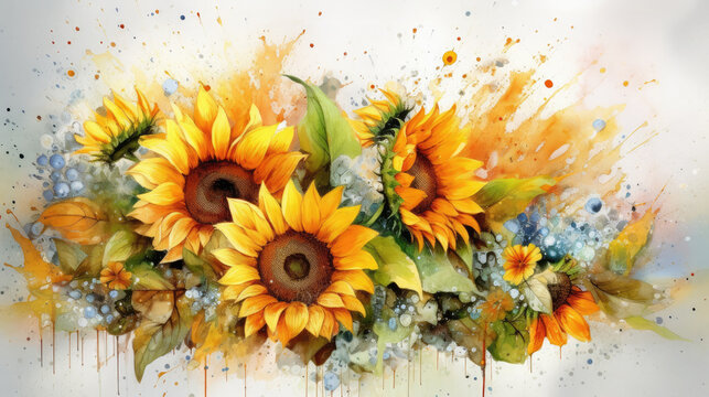 Watercolor sunflowers art, ala prima, painting with spots and splashes, picturesque still life, summer and autumn sunny flowers, poster, background, wallpaper, generative AI
