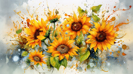 Watercolor sunflowers art, ala prima, painting with spots and splashes, picturesque still life, summer and autumn sunny flowers, poster, background, wallpaper, generative AI