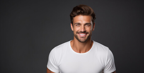 Beautiful caucasian man with smooth healthy face skin. Gorgeous man with a happy smile. Beauty and cosmetics skincare advertising concept.
