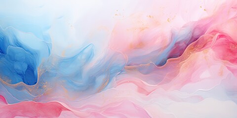 Abstract watercolor paint background illustration - Soft pastel pink blue color and golden lines, with liquid fluid marbled paper texture - obrazy, fototapety, plakaty