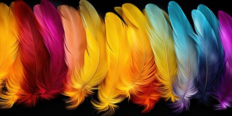 Abstract feather banner panorama wallpaper - Colorful rainbow colors colored feathers, isolated on black background