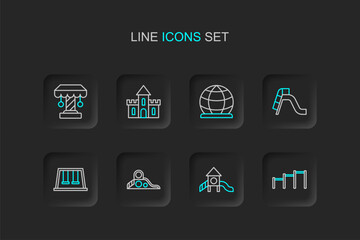Fototapeta premium Set line Sport horizontal bar, Slide playground, Swings for kids, Playground climbing equipment, Sand castle and Attraction carousel icon. Vector