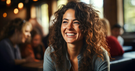 Obraz premium Joyful woman laughing during a casual gathering in a bustling cafe filled with warm lights and friendly faces on a pleasant afternoon