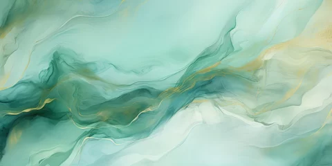 Foto op Plexiglas Abstract watercolor paint background illustration - Soft pastel green aquamarine color and golden lines, with liquid fluid marbled paper texture banner texture © Павел Озарчук