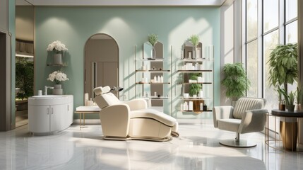 This modern and elegant beauty salon features a luxury styling chair, facial and hair treatment machines, cosmetic product shelves, and a reeded glass partition with a sofa.