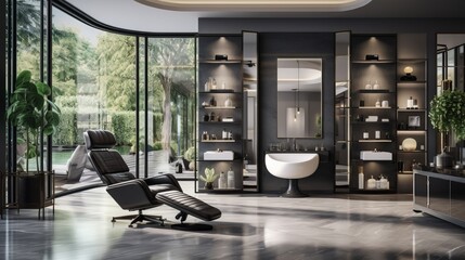 This modern and elegant beauty salon features a luxury styling chair, facial and hair treatment machines, cosmetic product shelves, and a reeded glass partition with a sofa.