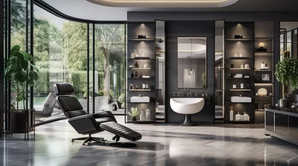 Foto op Plexiglas This modern and elegant beauty salon features a luxury styling chair, facial and hair treatment machines, cosmetic product shelves, and a reeded glass partition with a sofa. © ND STOCK