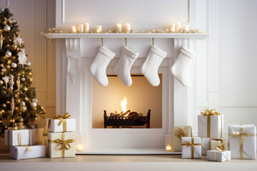 Festive fireplace adorned with stockings and holiday gifts beside a beautifully decorated Christmas tree in a cozy living room during winter celebrations