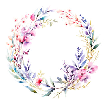  Watercolor wreath of spring meadow flowers frame border on white background