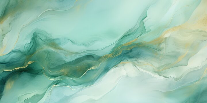 Abstract watercolor paint background illustration - Soft pastel green aquamarine color and golden lines, with liquid fluid marbled paper texture banner texture