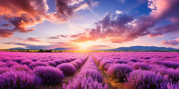 Agriculture harvest background landscape panorama - Closeup of blooming lavender field