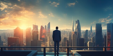 Businessman on office building balcony looking city skyline with skyscrapers