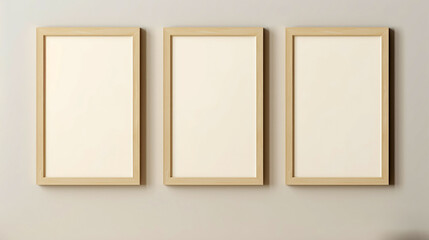 interior of a room. Blank Portrait Framed Unframed, Light Beige and Beige Style, Minimalist Canvases, Three Vertical Frames