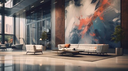 An upscale design agency lobby with modern luxuary furniture and abstract art.