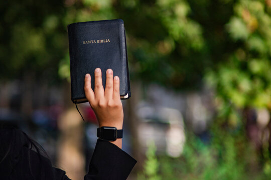 Hand up holy bible woman nature