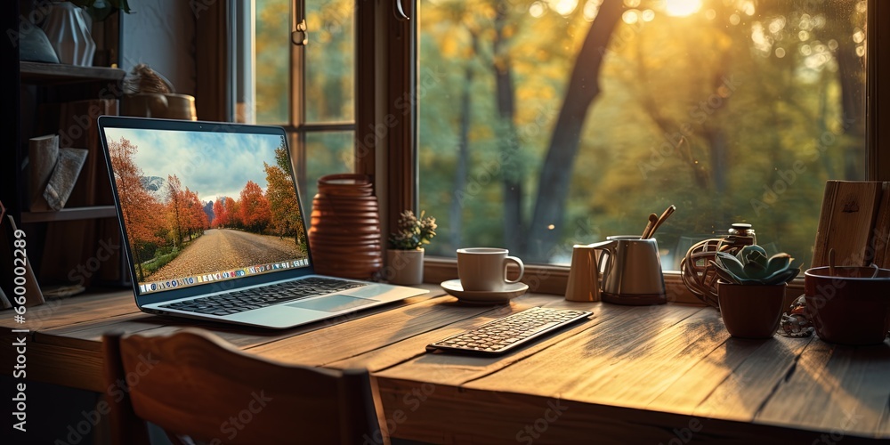 Poster desktop computer on a desk next to a window.