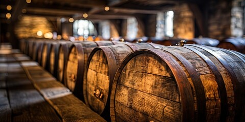 Closeup of old oak wooden barrels on cellar