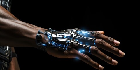Cyborg futuristic hand. Robot hand finger making contact or pressing something on dark isolated background. Cyborg mechanical arm pointing. artificial Intelligence futuristic