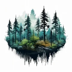 Fotobehang Forest landscape adventure graphic artwork. Mountain with pine forest and river print design © Tazzi Art
