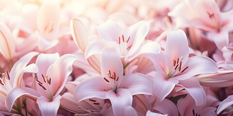Flowers background banner - Closeup of white pink beautiful blooming lilies, lilie, lilly( lilium)...