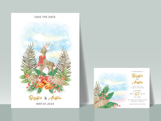 cute christmas scene with winter town and characters invitation card