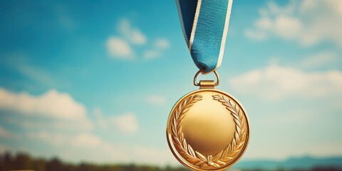 Gold medal hanging in the blue sky, winner against blue sky background copy space, sports, winning, achievement, game, sports business, success concept - Powered by Adobe
