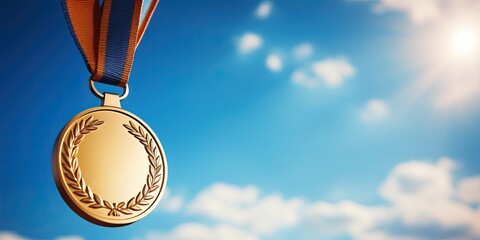 Gold medal hanging in the blue sky, winner against blue sky background copy space, sports, winning, achievement, game, sports business, success concept - obrazy, fototapety, plakaty