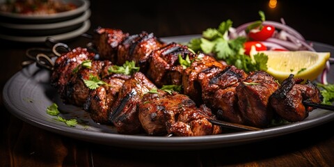 Grilled meat skewers on a plate, a gourmet barbecue meal