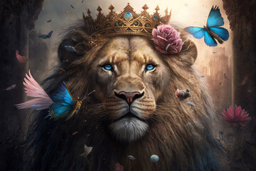 A regal portrait capturing the majesty of a lion adorned with a golden king crown and surrounded by vibrant colorful butterflies. Ai generated