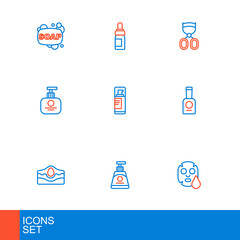 Set line Facial cosmetic mask, Cream or lotion tube, Acne, Bottle of nail polish, Tube hand cream, Shaving gel foam, Eyelash curler and Essential oil bottle icon. Vector