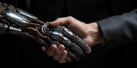 Handshake of man and robot. Modern technologies.