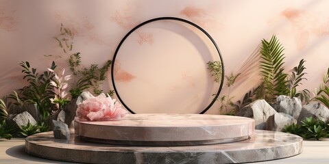 Luxury pastel marble podium with zen garden surround for product presentation. Mockup