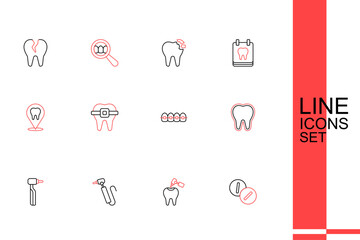 Set line Toothache painkiller tablet, with caries and drill, Teeth braces, and Dental clinic location icon. Vector