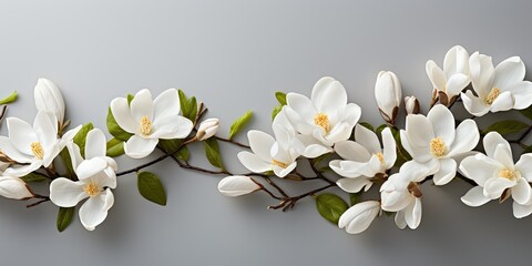 Magnolias flowers background banner panorama - Beautiful blooming white magnolia branch, isolated on gray background, top view