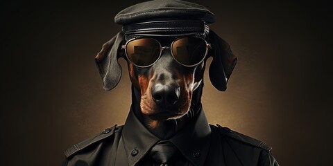 Mean looking Doberman Pinscher working as a security officer or cop, wearing police hat, sunglasses and uniform shirt.