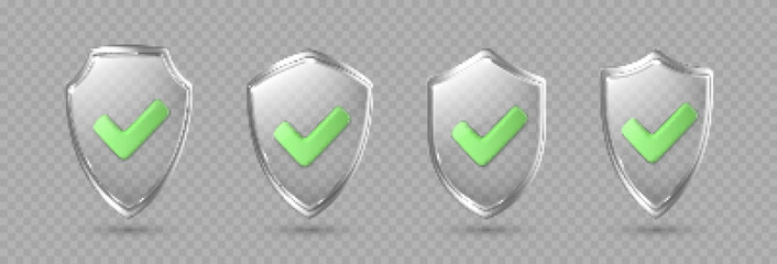 Glass transparent security guard shields with metal frame. Protective shield with green checkmark. Protection or privacy concept. Vector 3d illustration