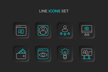 Set line Advertising, Light bulb, Personal information collection, Wallet with money, Consumer product rating, Create account screen and icon. Vector